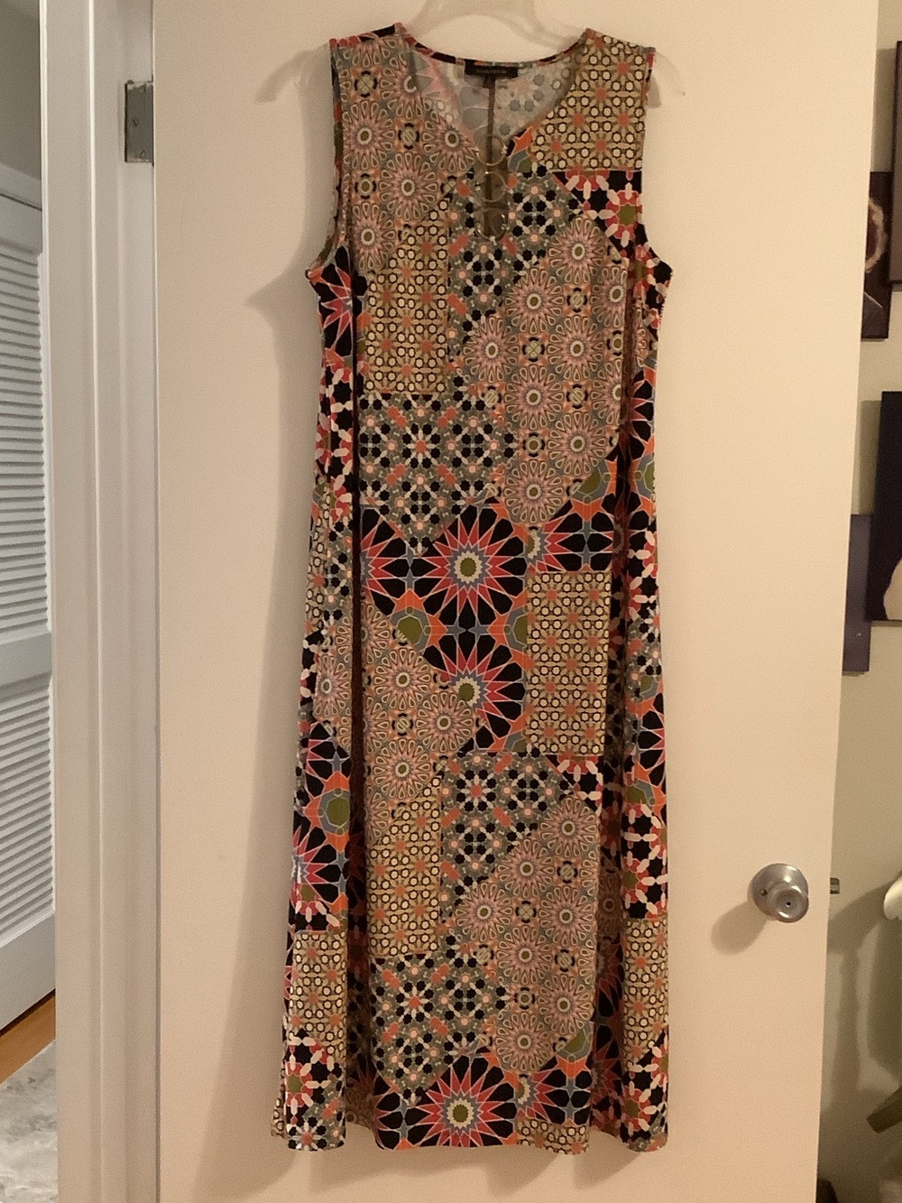 Sleeveless Patchwork Geo-Print Maxi Dress - Black, Coral & Olive